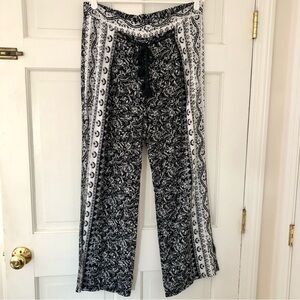 Bebop  Flowy Soft Boho Beachy Rayon Pants XL black white floral wide leg